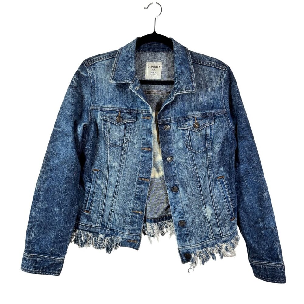 Old Navy Distressed Denim Jacket Womens Large Tie-Dye Peace Design Frayed Hem Bu